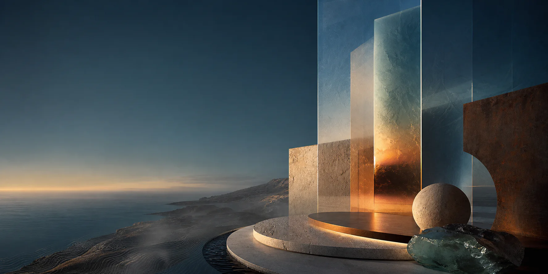 Original abstract concept artwork interpreting the Pacific coast through translucent planes, limestone, ocean light, and oxidized metal