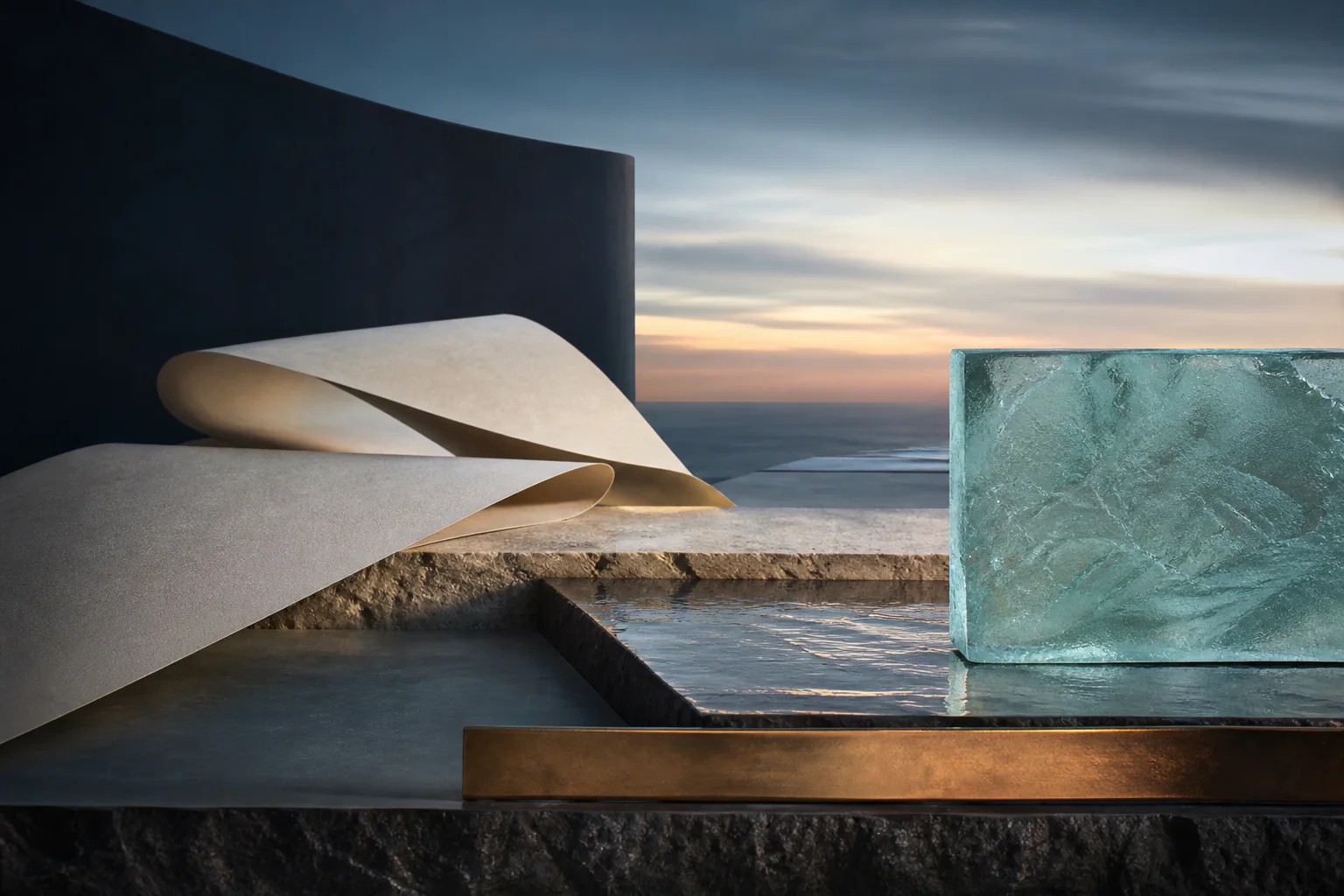 Abstract fictional coastal material study with translucent glass, paper, mineral surfaces, and bronze
