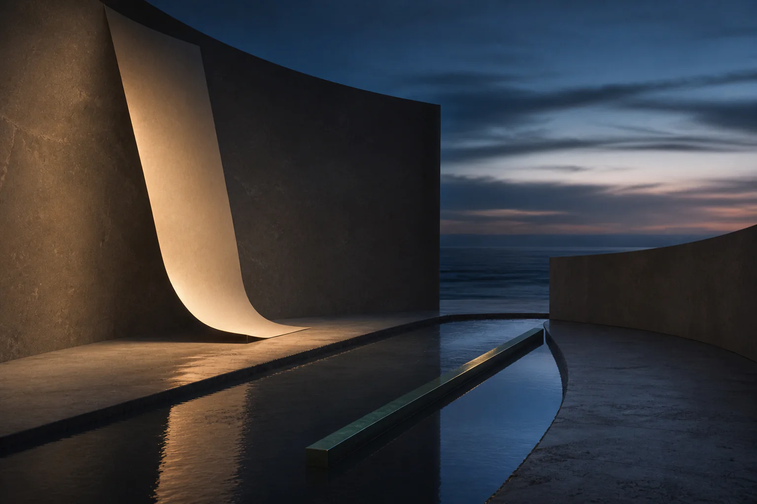 Abstract fictional coastal threshold in deep blue, limestone, water, and warm light